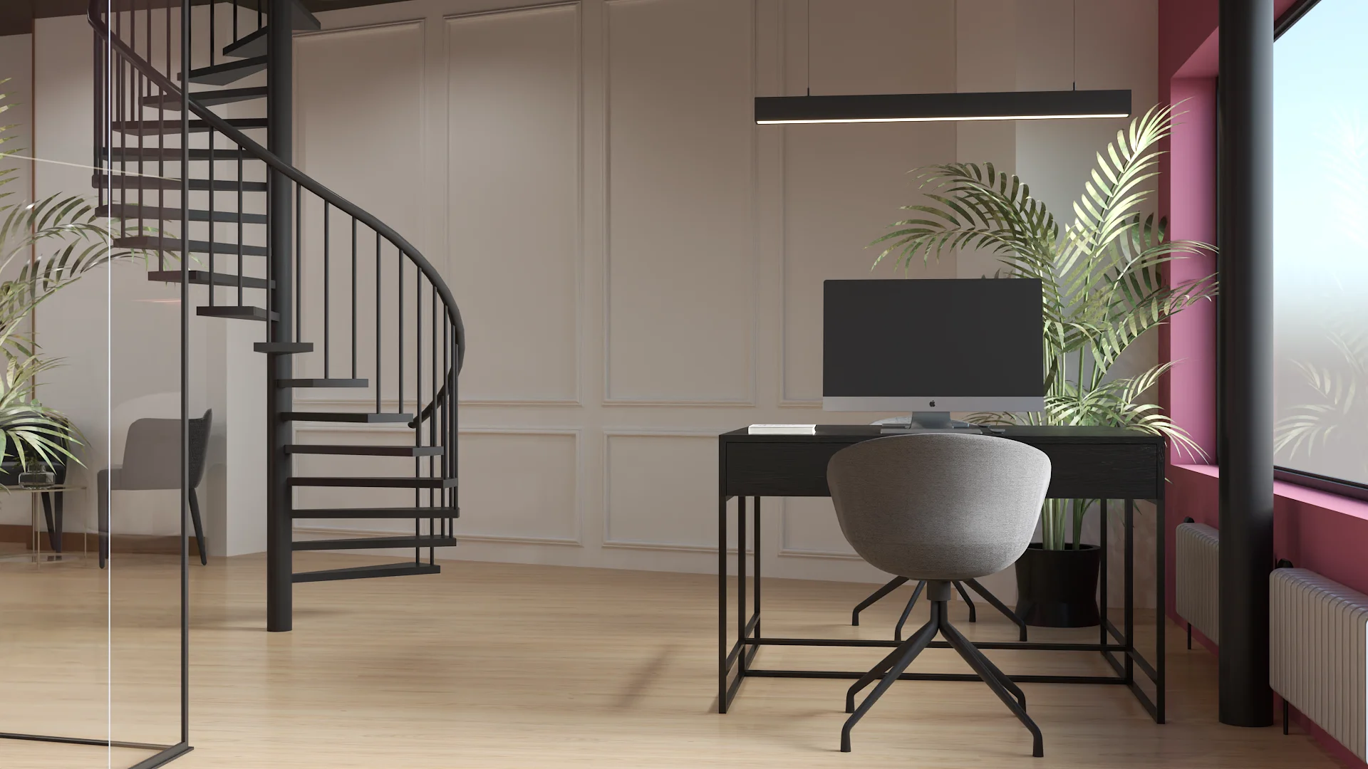 Open workspace with spiral staircase, desk with iMac, palm plant, and glass partition