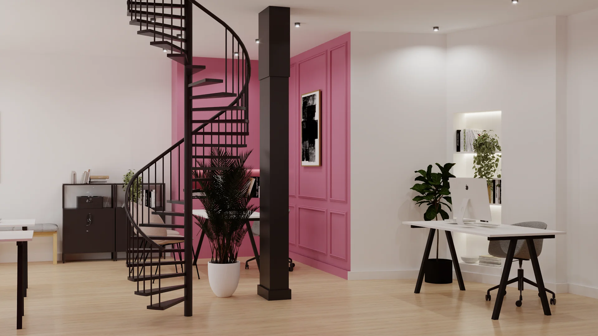 Spiral staircase center view with pink paneled door and open plan desk area