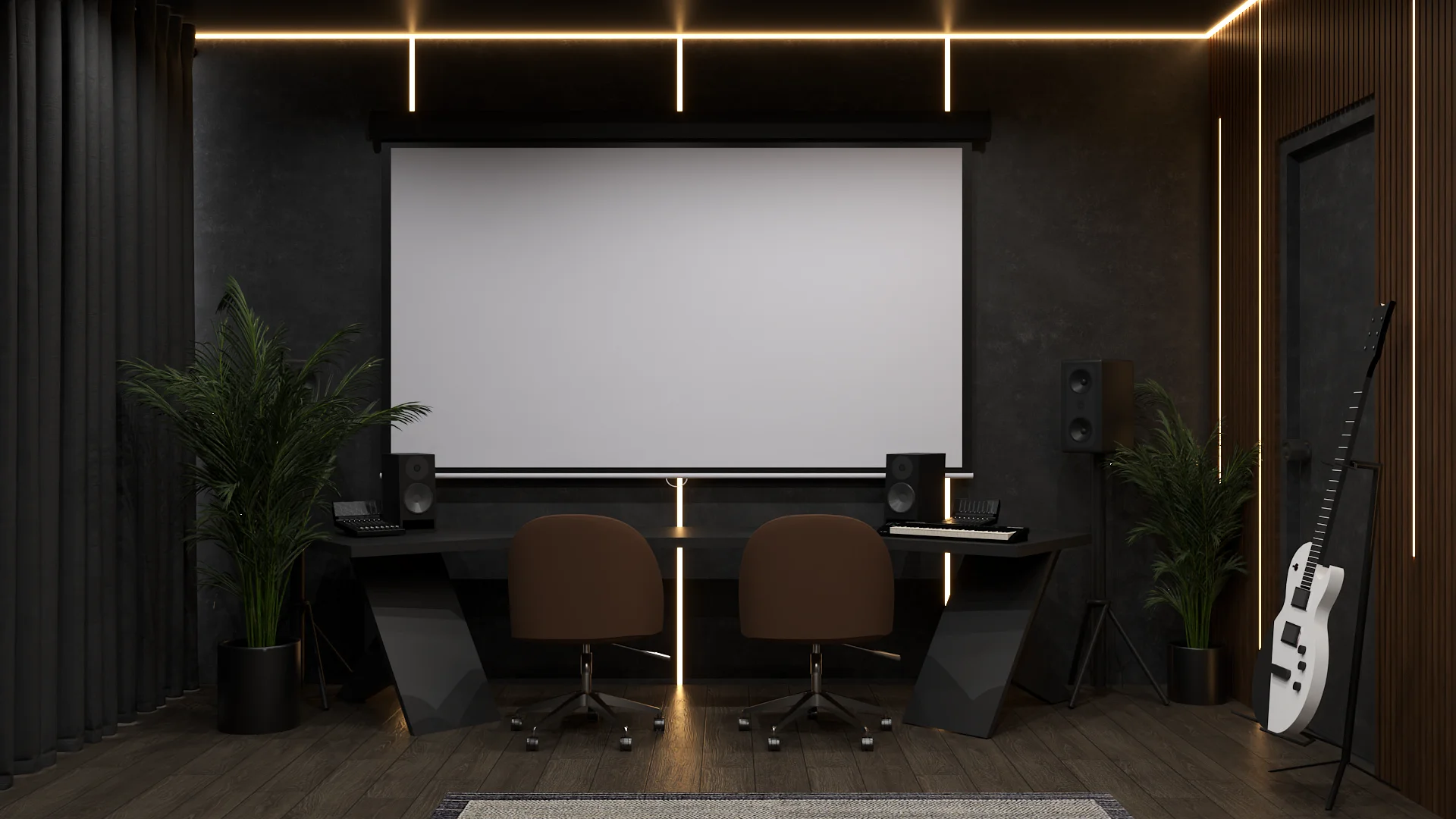 Dark studio with projector screen, brown task chairs, dual desk, and LED ceiling lines