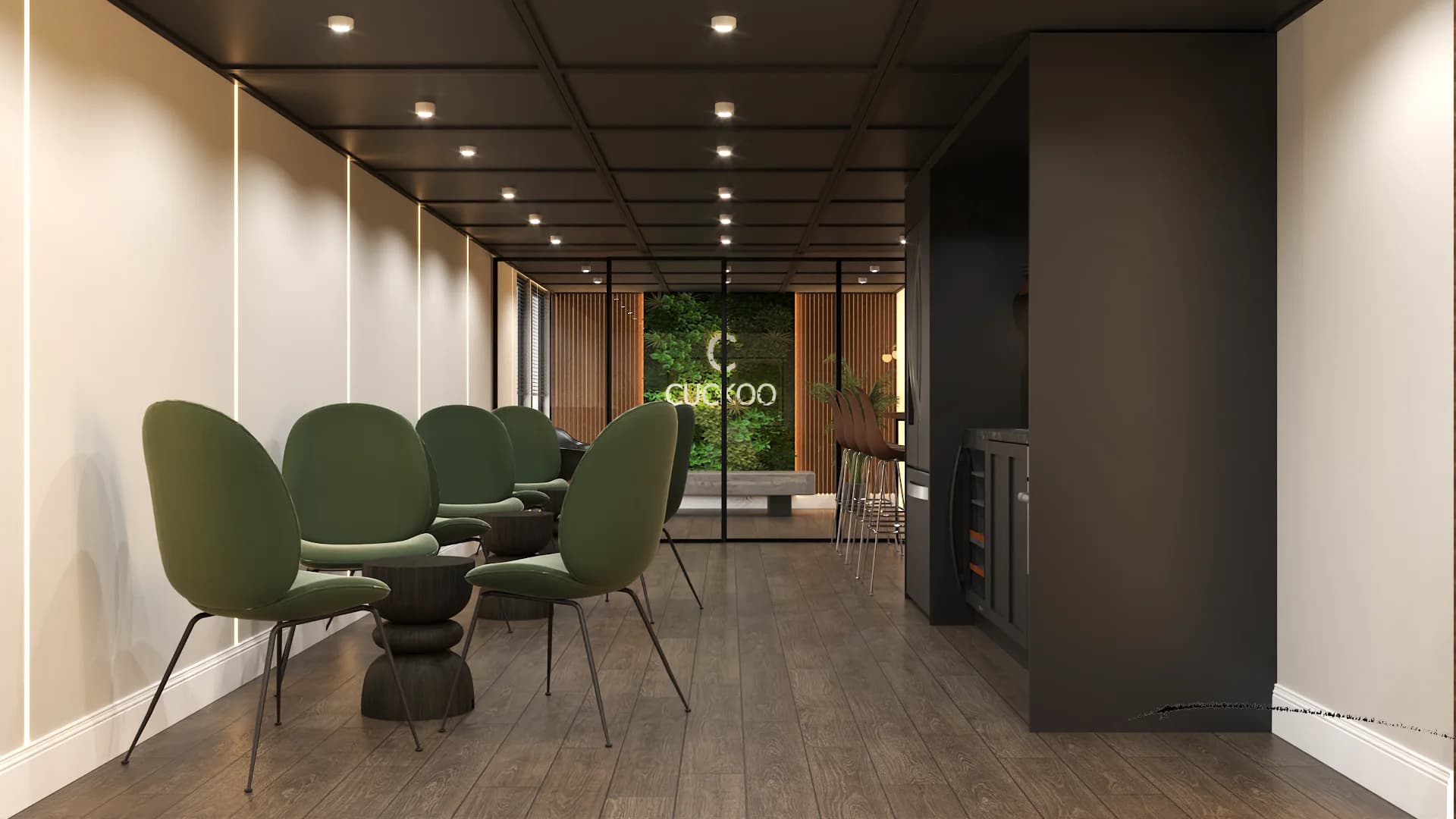 Waiting area with green beetle chairs, dark coffered ceiling, and reception lobby beyond