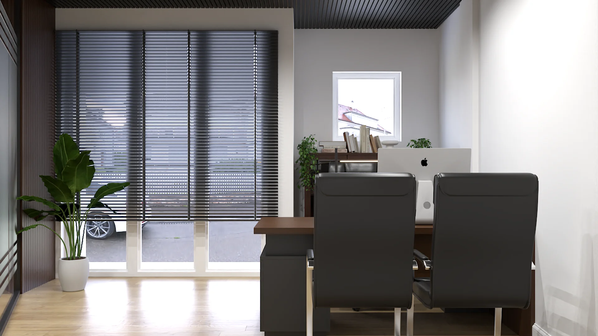 Walnut L-shaped desk with gray cantilever visitor chairs, dark slatted ceiling, and floor-to-ceiling blinds