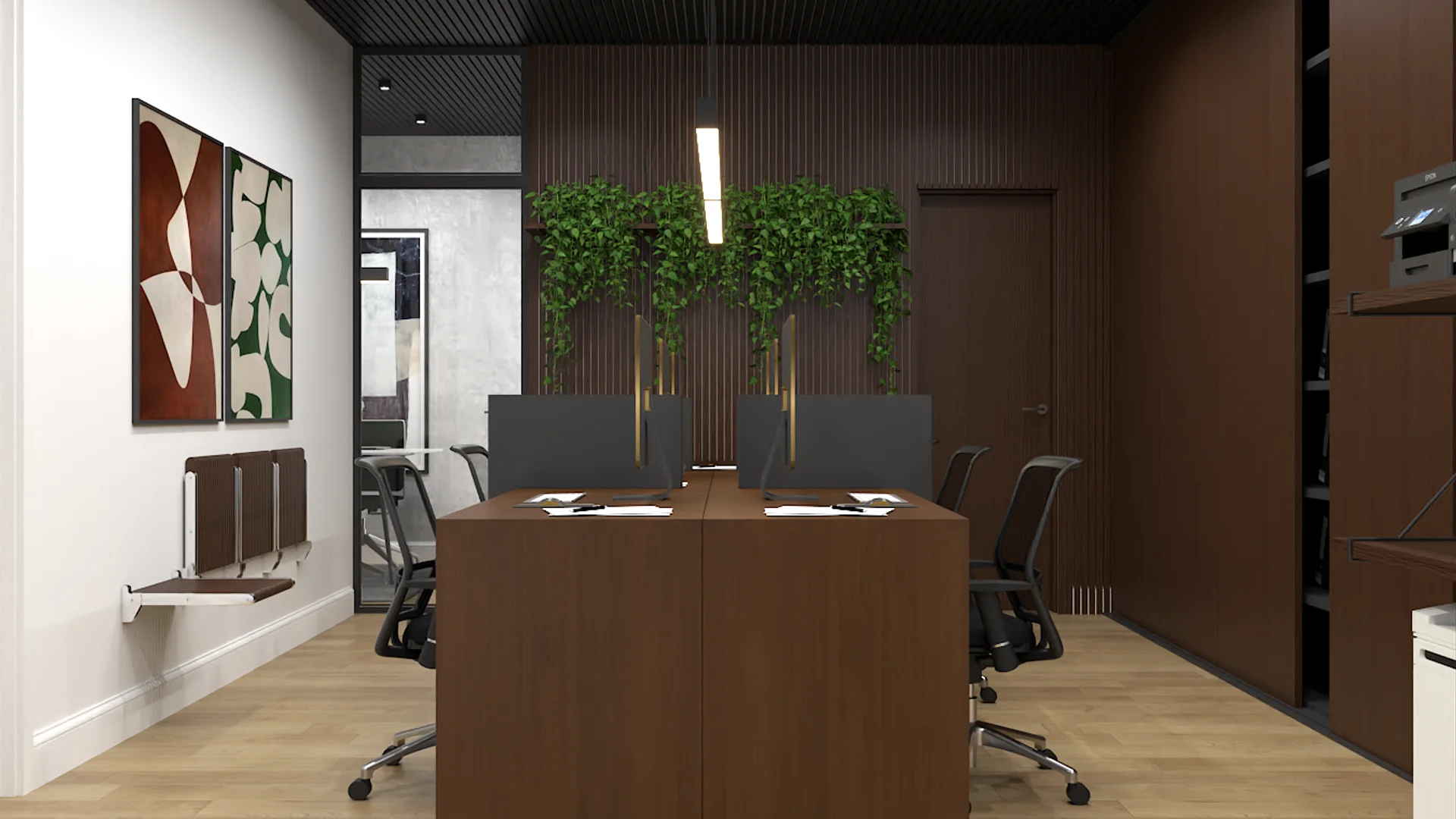 Open office with walnut panels, trailing greenery, abstract wall art, and six-desk island