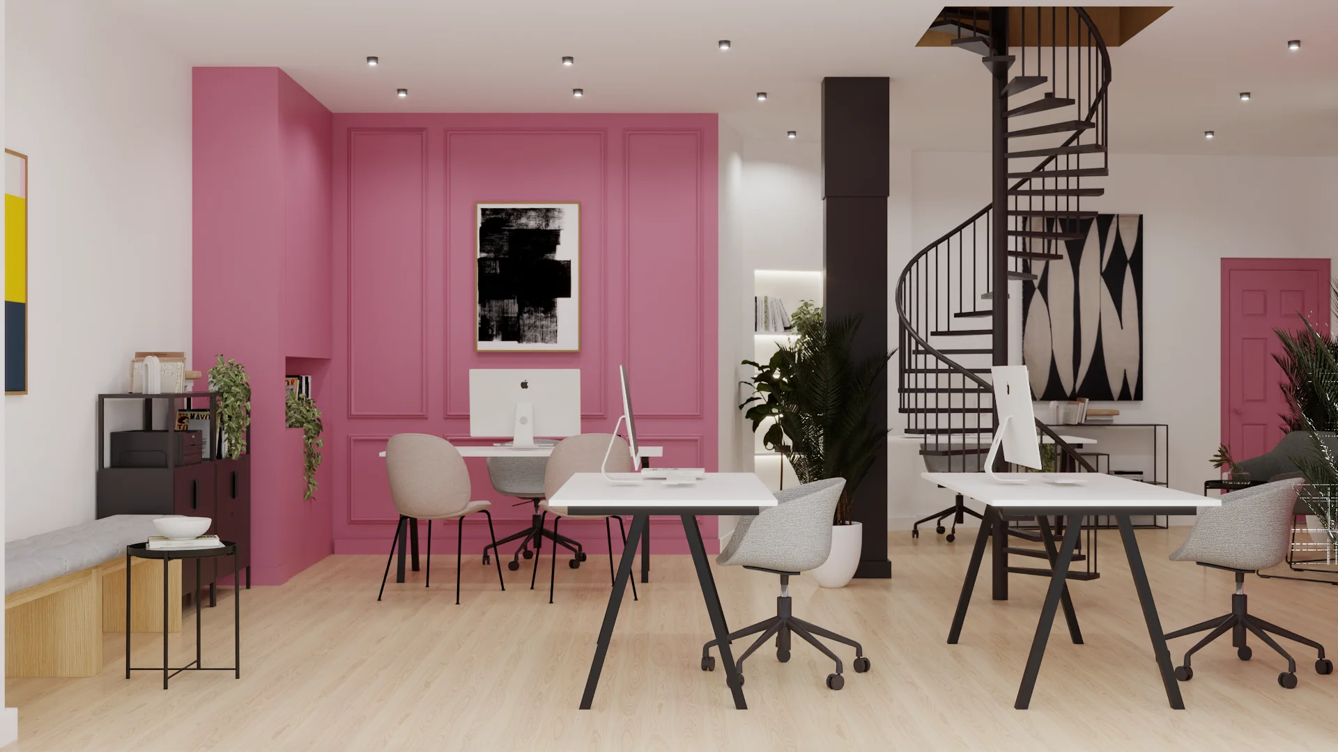 Wide open-plan studio with pink paneled wall, abstract art, and spiral staircase