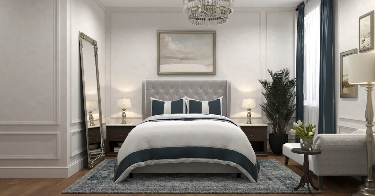 Gray Tufted Bedroom with Crystal Chandelier: Navy Decor