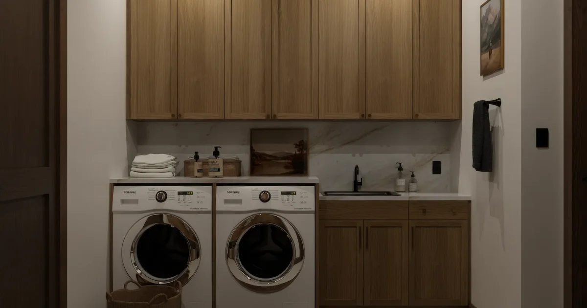 Custom Laundry Room Cabinets: Oak Shaker and Marble