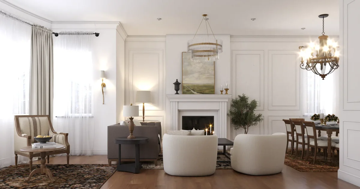 Panel Roon Plan Ivory Open Plan Living Room: Panel Molding Fireplace