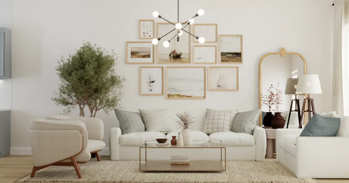 Coastal Living Room with Gallery Wall: Open Plan Design