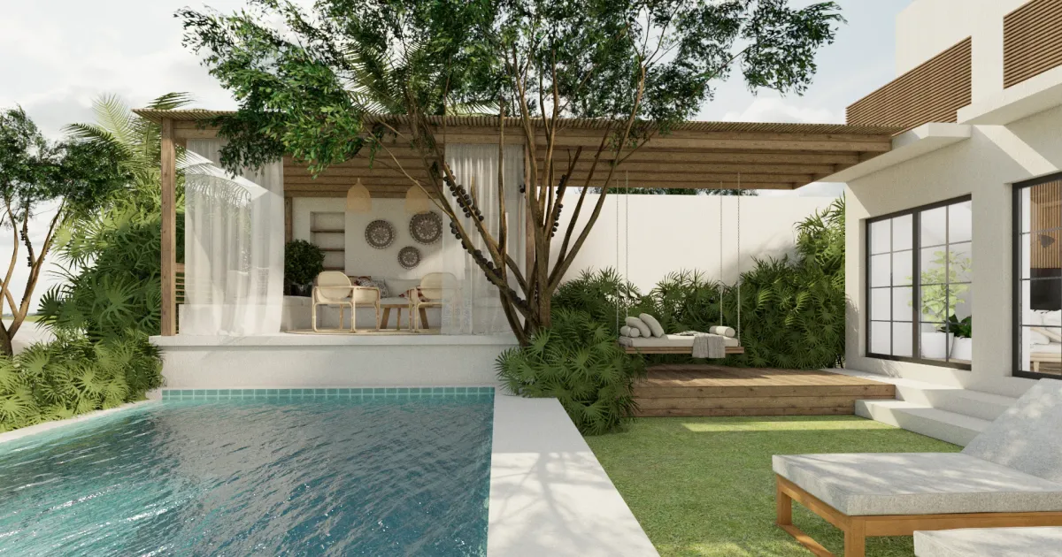 Resort Pool Cabana: Timber Pergola and Sunken Lounge Pit