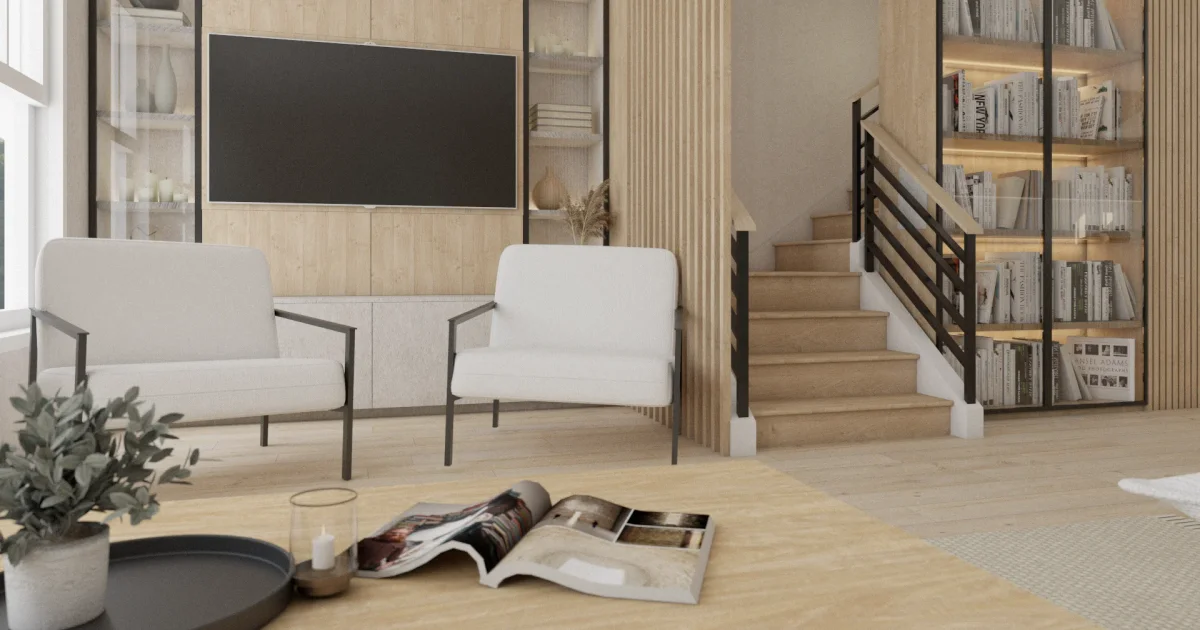 Light Oak Staircase Black Metal Railing: Lit Bookcase