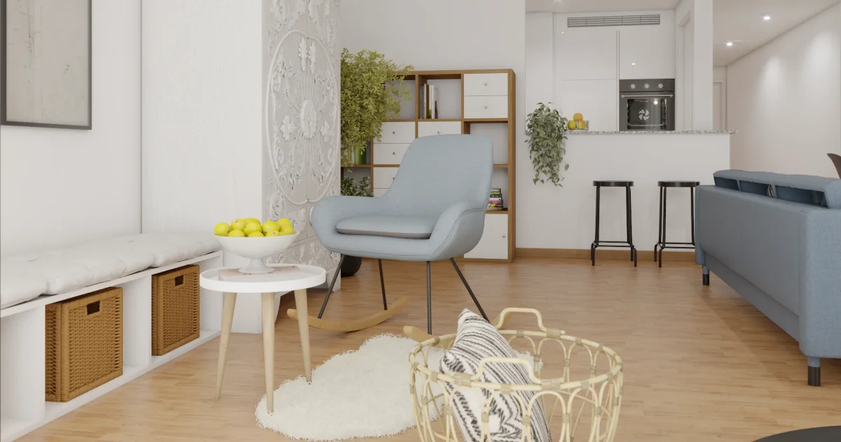 Boho Studio Apartment: Rattan and Powder Blue Chair
