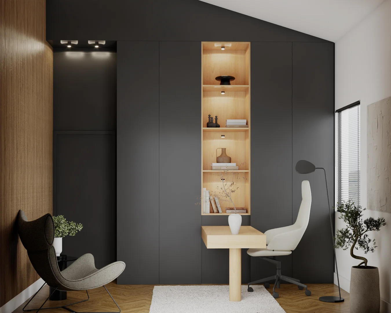 Backlit Built In Dark Home Office: Built-In Cabinet Wall with Backlit Niche