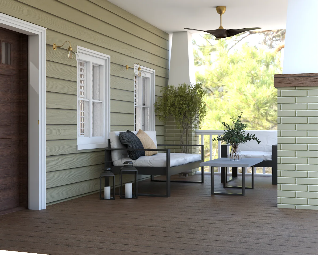 Craftsman Covered Porch Design: Sage Green and Metal Ideas