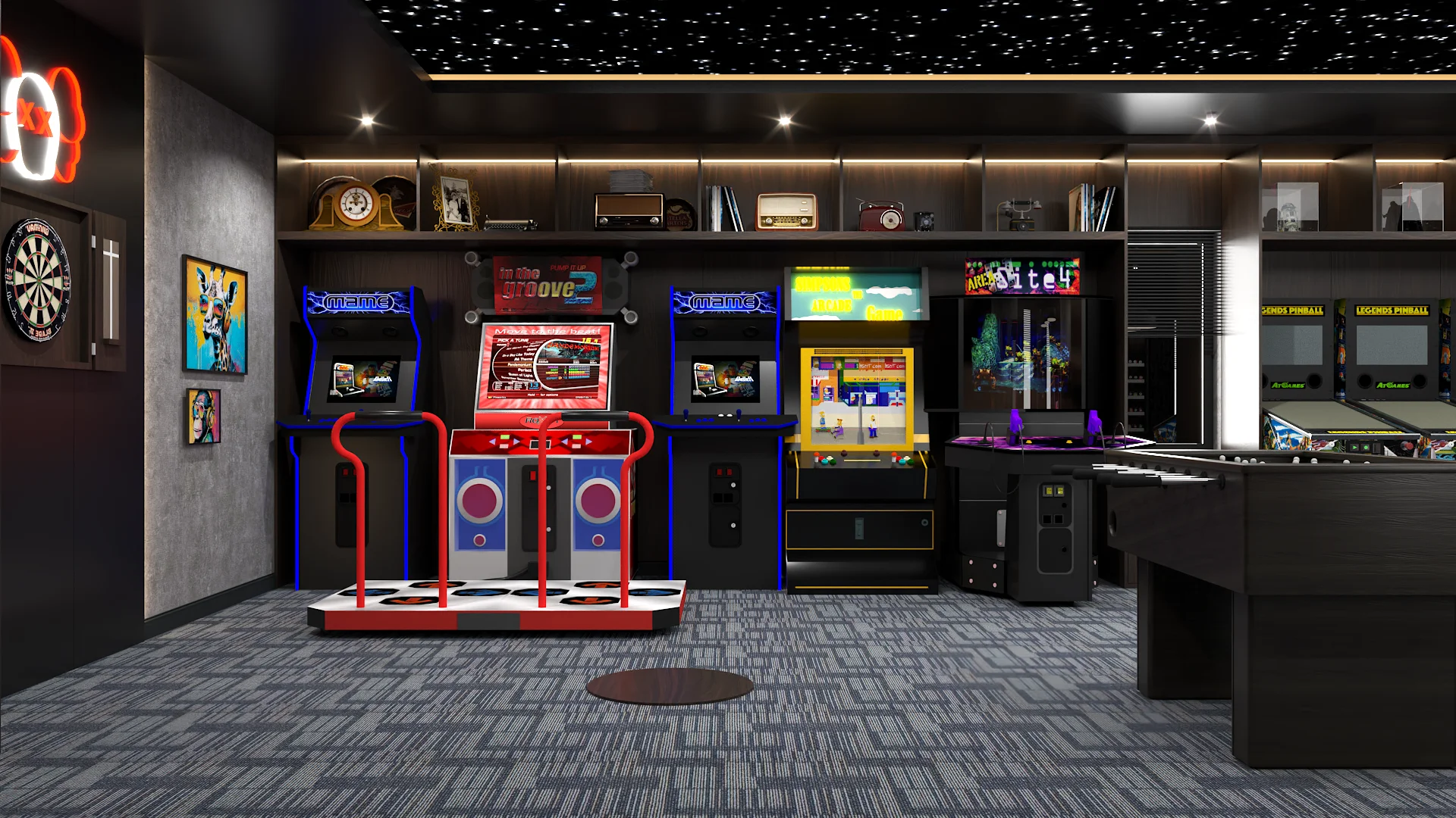 Home Arcade Game Room with Pool Table: LED Star Ceiling