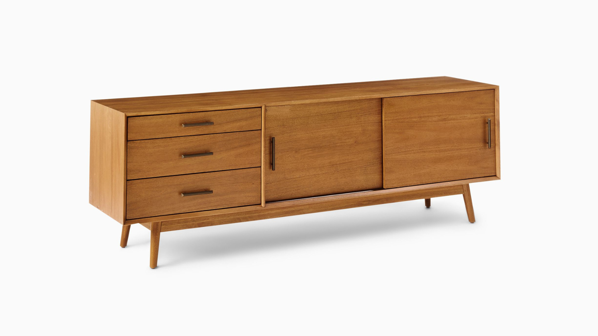 Acorn Mid-Century Media Console showcasing a retro-inspired design with sleek lines, generous storage, and a rich acorn finish, ideal for upgrading any living space.