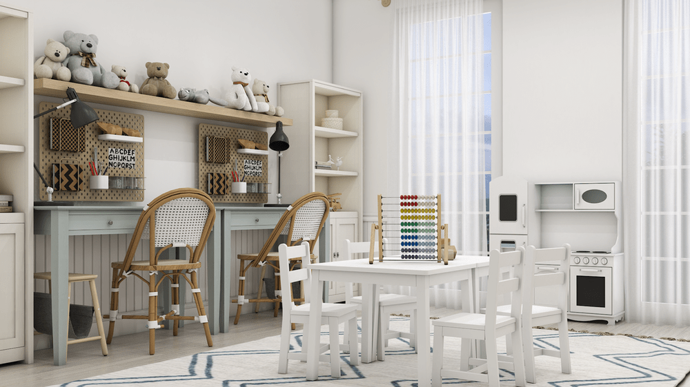 A bright and inviting children's room featuring two study desks with rattan chairs, a table with chairs, and a play kitchen set. The room is decorated with plush toys and organized with shelves for storage, creating a space that blends functionality with playful elements. Large windows with sheer curtains allow ample natural light to illuminate the room, enhancing its cheerful and cozy atmosphere.