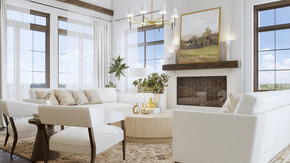 Well-lit living room with a white sectional sofa, round coffee table, and a modern fireplace. The space includes large windows, a stylish chandelier, indoor plants, and contemporary decor.