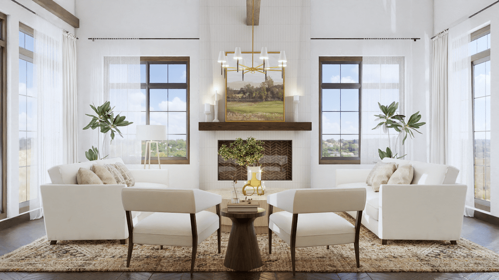 living room with white armchairs, a round coffee table, and a contemporary fireplace. Large windows, indoor plants, and a chandelier add to the room's serene and inviting ambiance.
