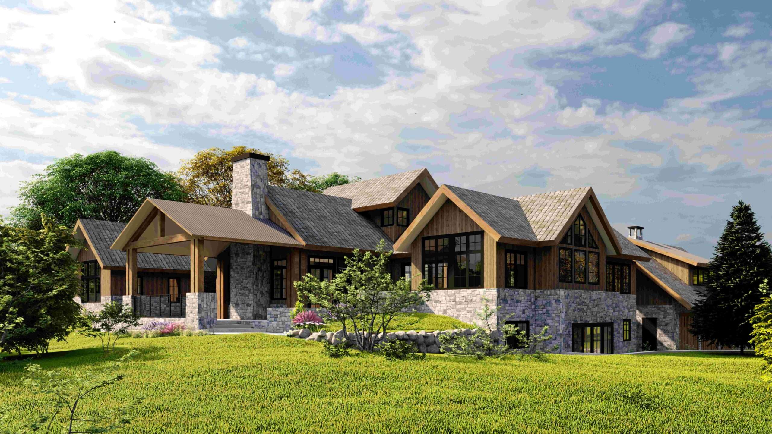 An elegant mountain lodge with stone and wood exteriors, large windows, and a spacious layout. Nestled in a scenic mountain landscape, this retreat offers a perfect getaway. Design by Debora, an online interior design service.