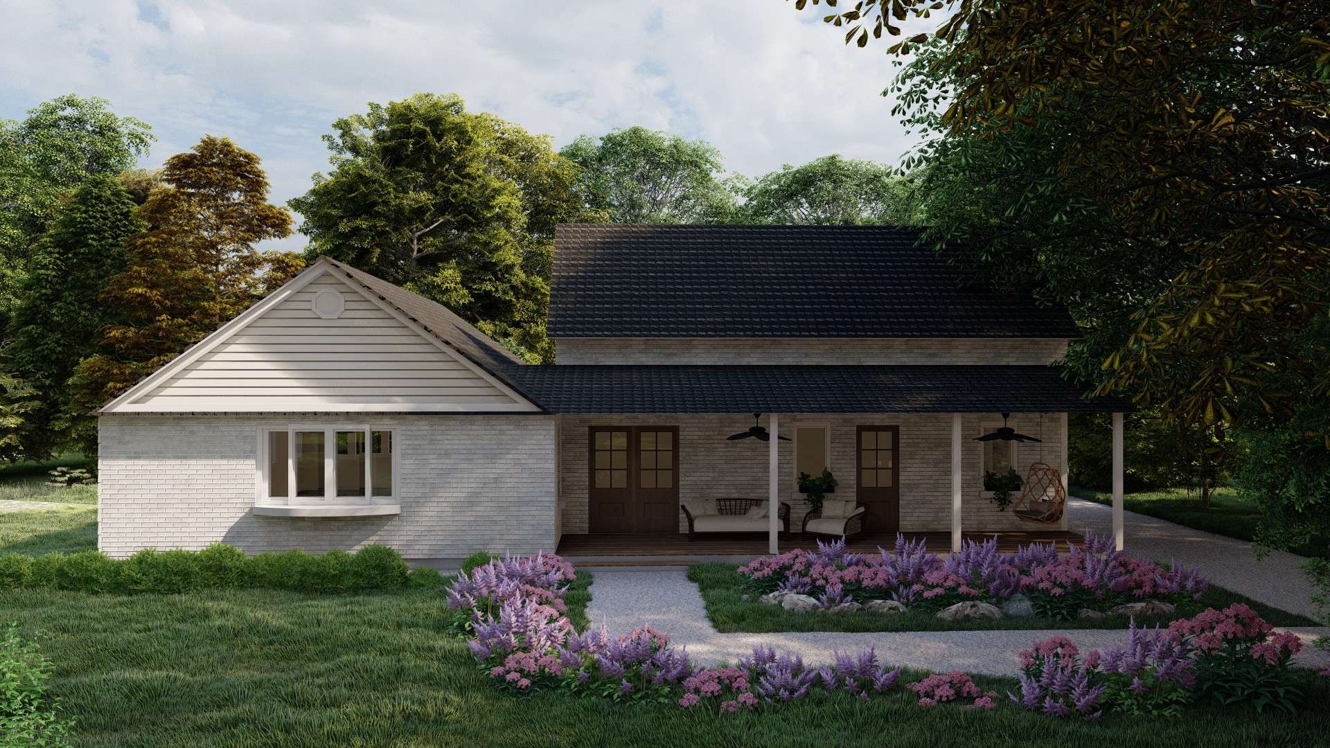 A cozy cottage with an inviting porch and beautiful landscaping. The design offers a perfect blend of charm and comfort, creating a welcoming environment for homeowners. Design by Debora, an online interior design service.