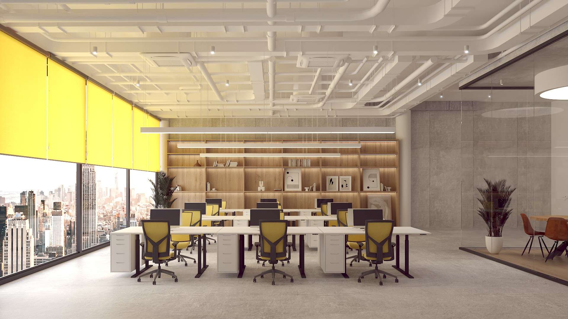 Modern office with yellow chairs, open floor plan, and large windows offering a panoramic city view. Design by Debora, an online interior design service based in New York City.
