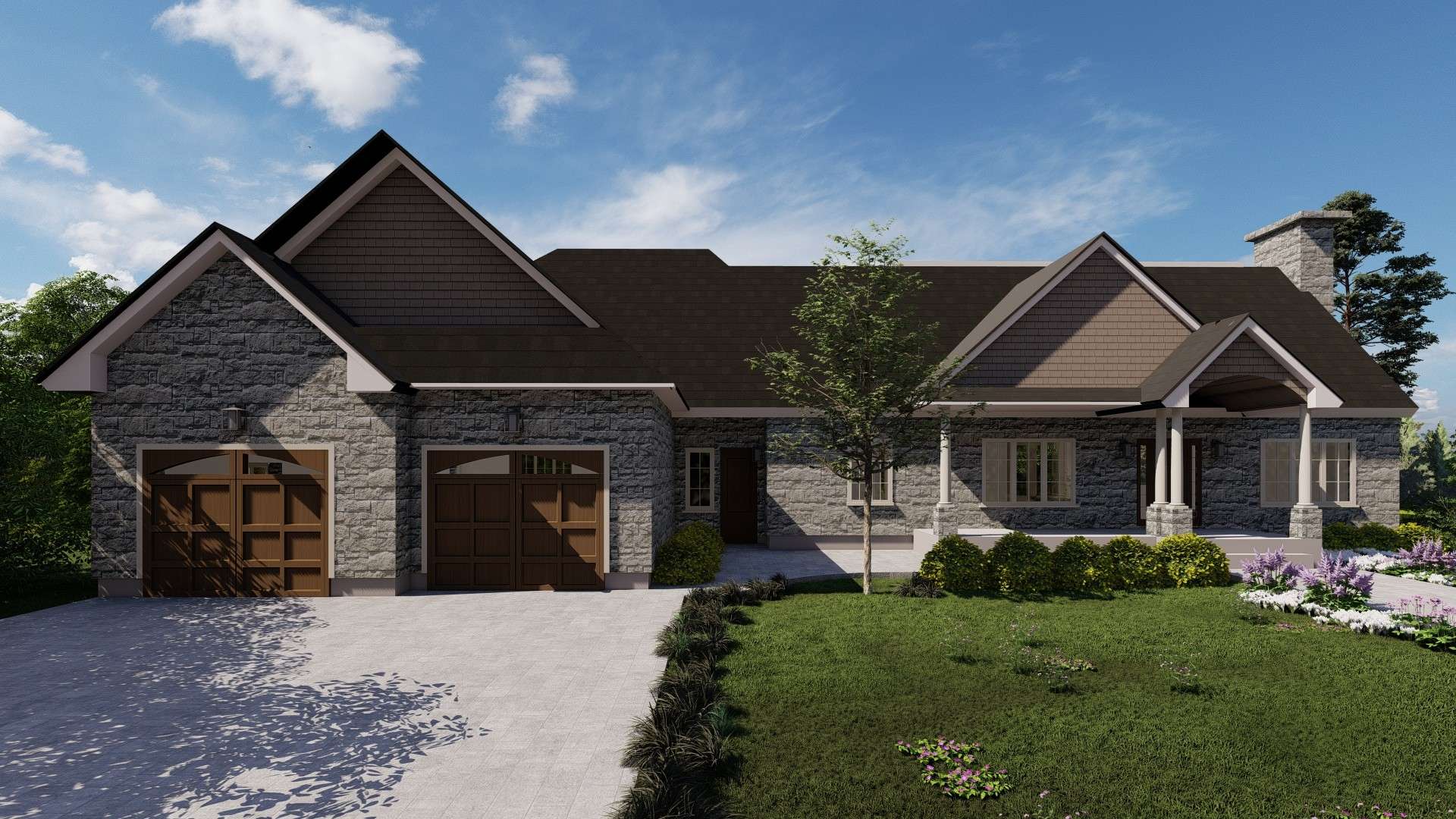 A spacious family home with a stone front and modern design elements. The large yard and elegant architecture provide a luxurious living space for the family. Design by Debora, an online interior design service.