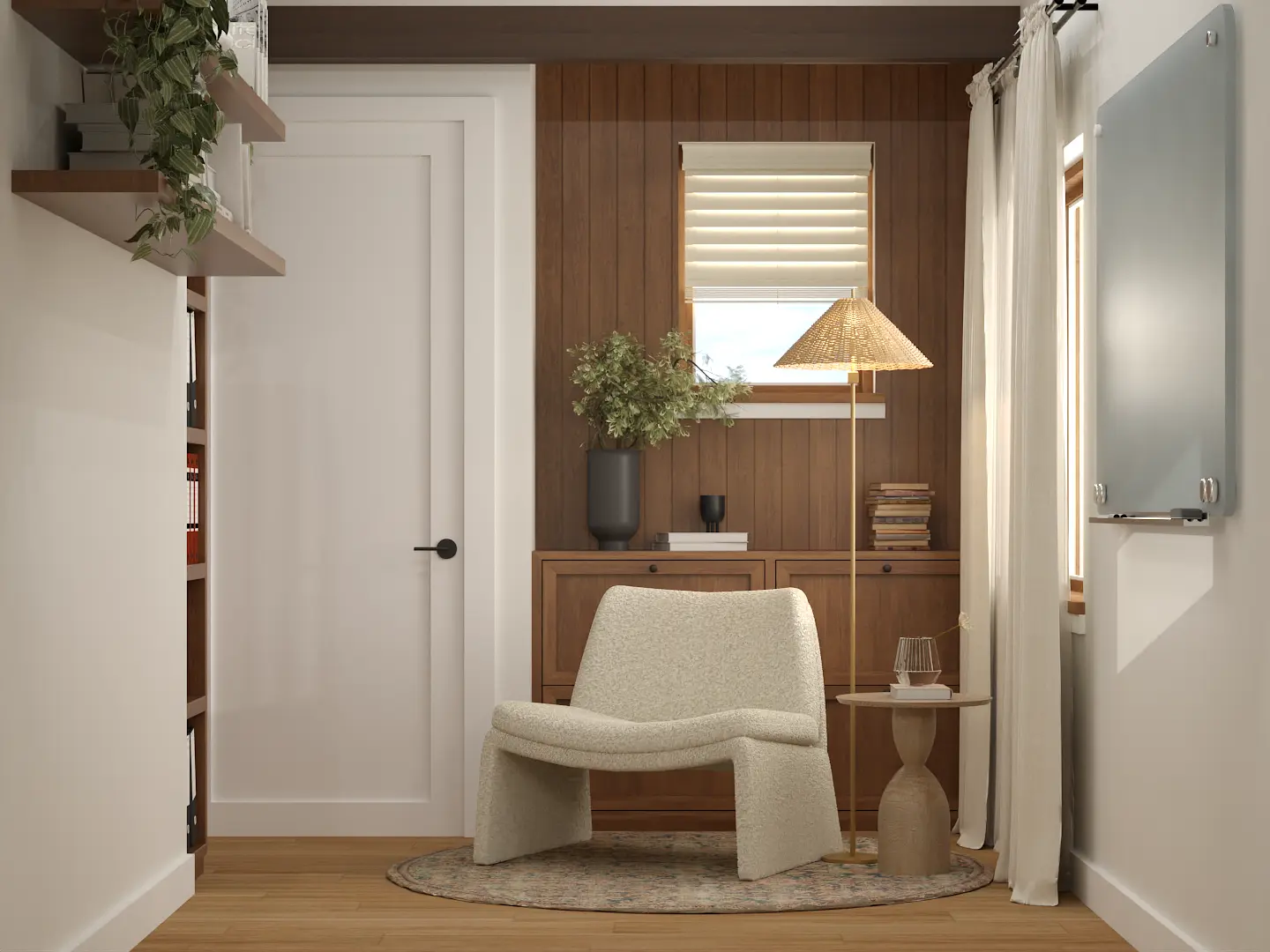 Small yet stylish home office with efficient space use and modern furniture, perfectly suited for remote work, designed by Debora in New York City.