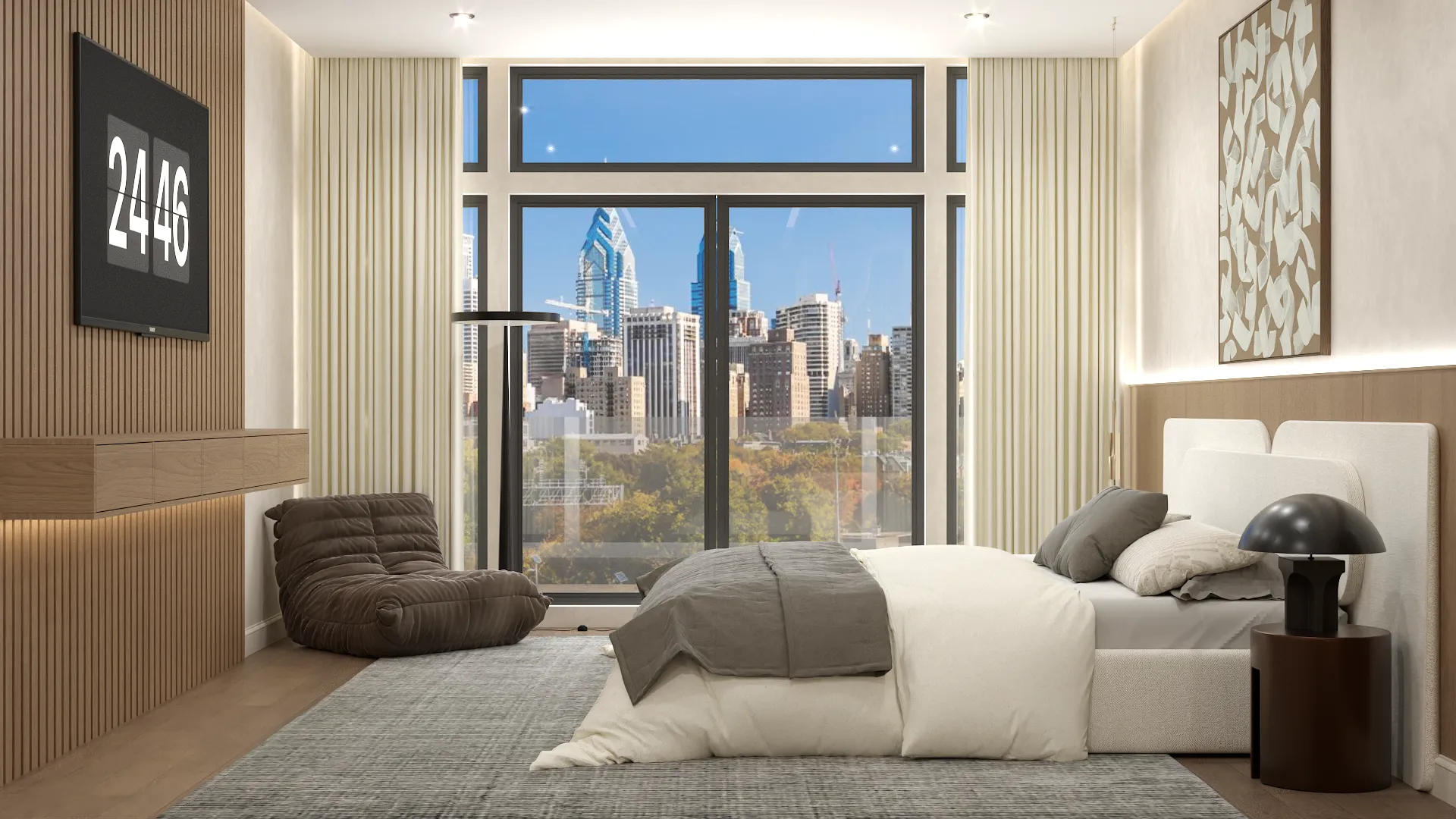 Modern bedroom with expansive New York City views through large windows, featuring a minimalist design and a neutral color palette that enhances the urban atmosphere. Design by Debora, an online interior design service.