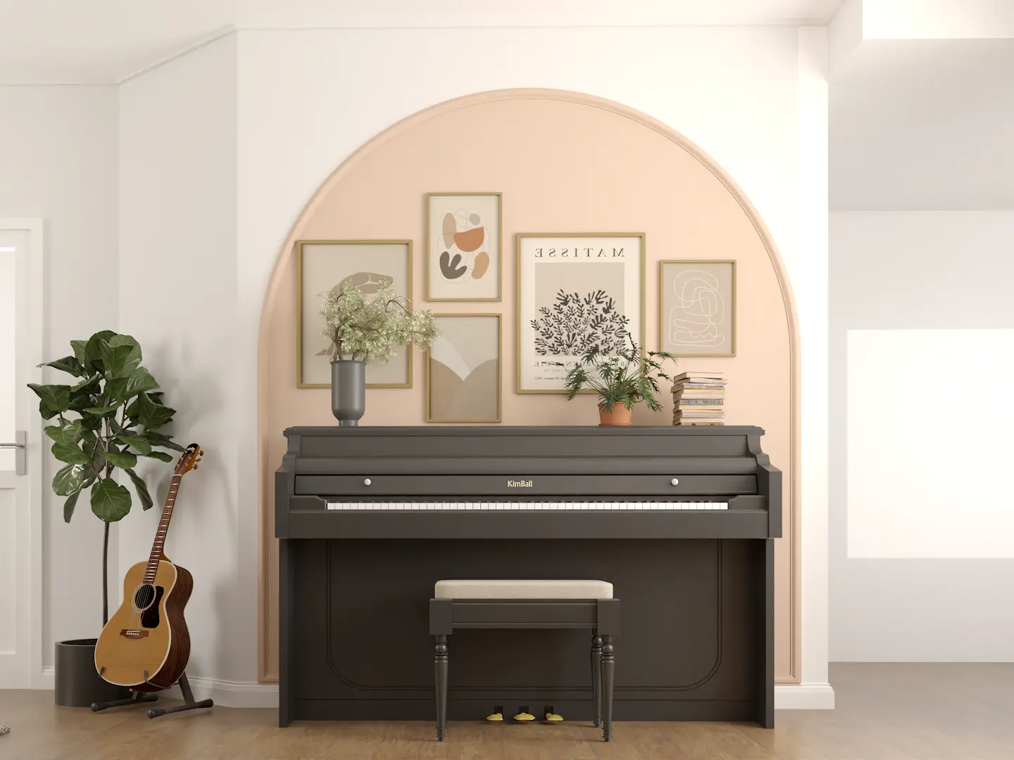 A stylish music nook with a chic piano, soft pink accent wall, and modern artwork. A guitar and potted plants add to the inspiring atmosphere. Design by Debora, an online interior design service.