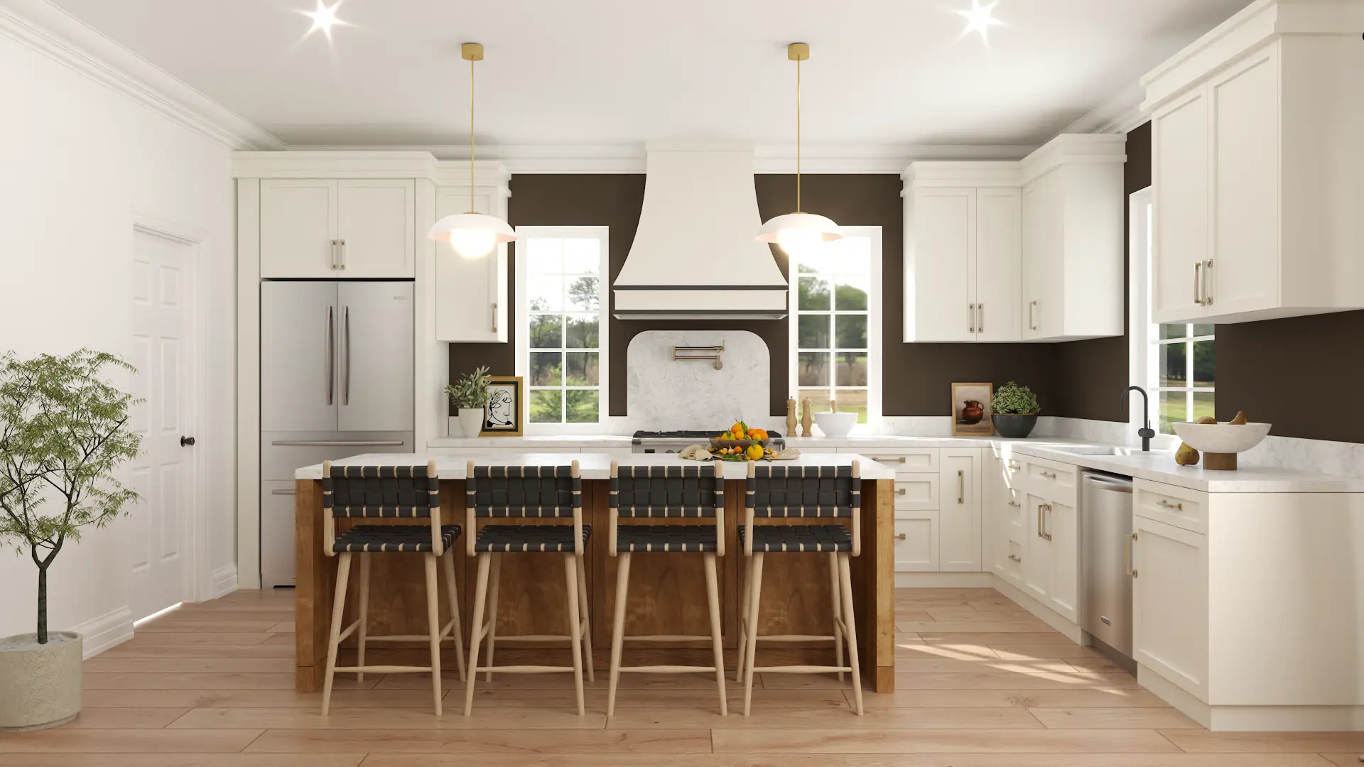 Classic white kitchen enhanced with black countertops and modern fixtures, achieving a timeless and inviting atmosphere.