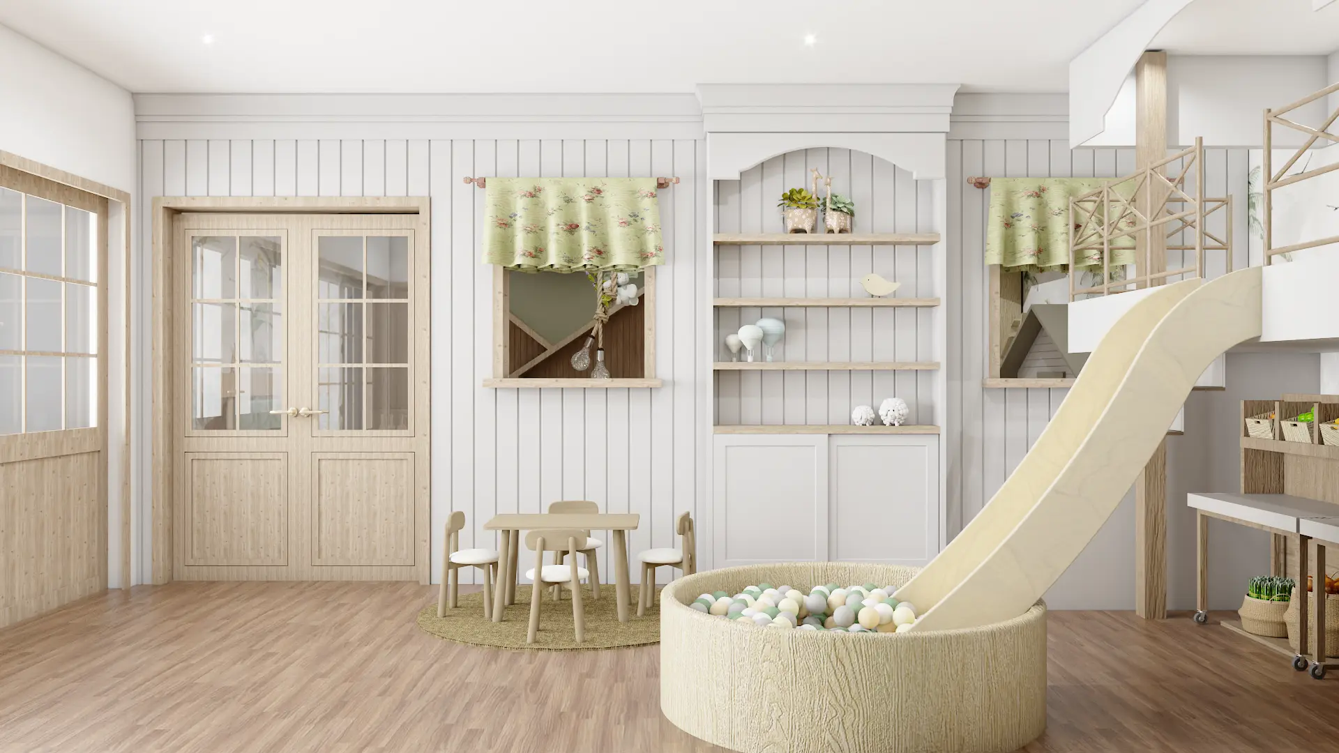 Bright and engaging children's playroom with a slide and cottage-themed decor, fostering active play and creativity, designed by Debora, an online interior design service based in New York City.
