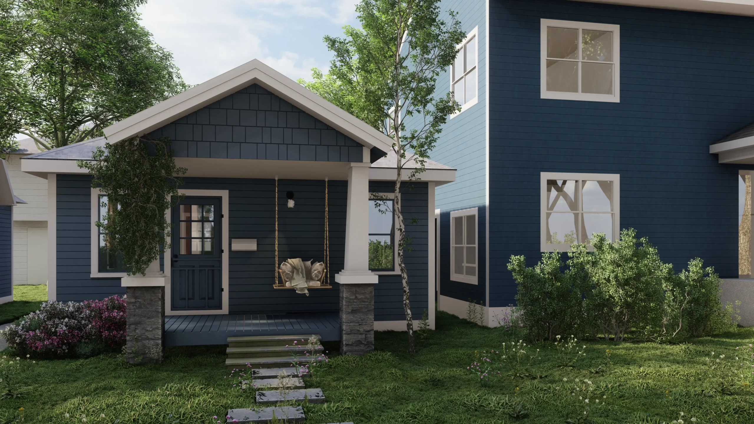 A cozy blue cottage with a welcoming porch swing, surrounded by greenery. The design offers a perfect blend of comfort and charm, ideal for a peaceful living environment. Design by Debora, an online interior design service.