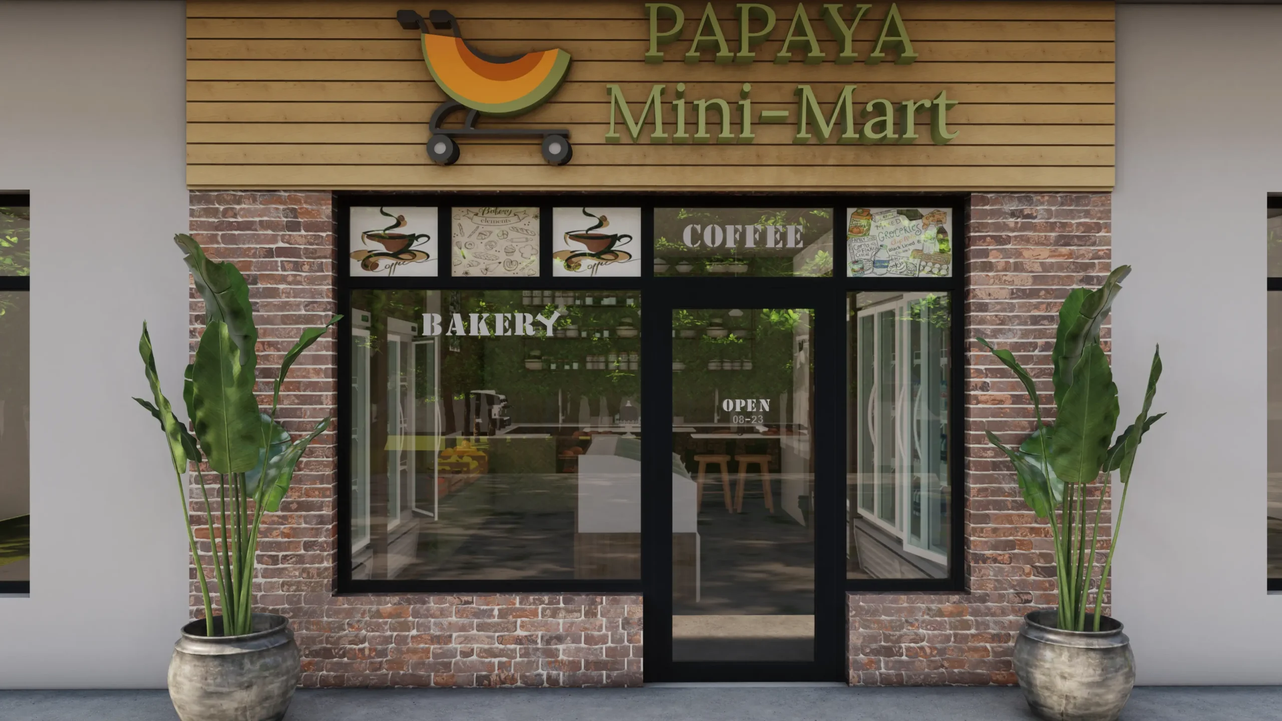 A charming mini-mart with a brick facade, vibrant signage, and large windows. The storefront is enhanced with green plants, adding a touch of freshness. Design by Debora, an online interior design service.