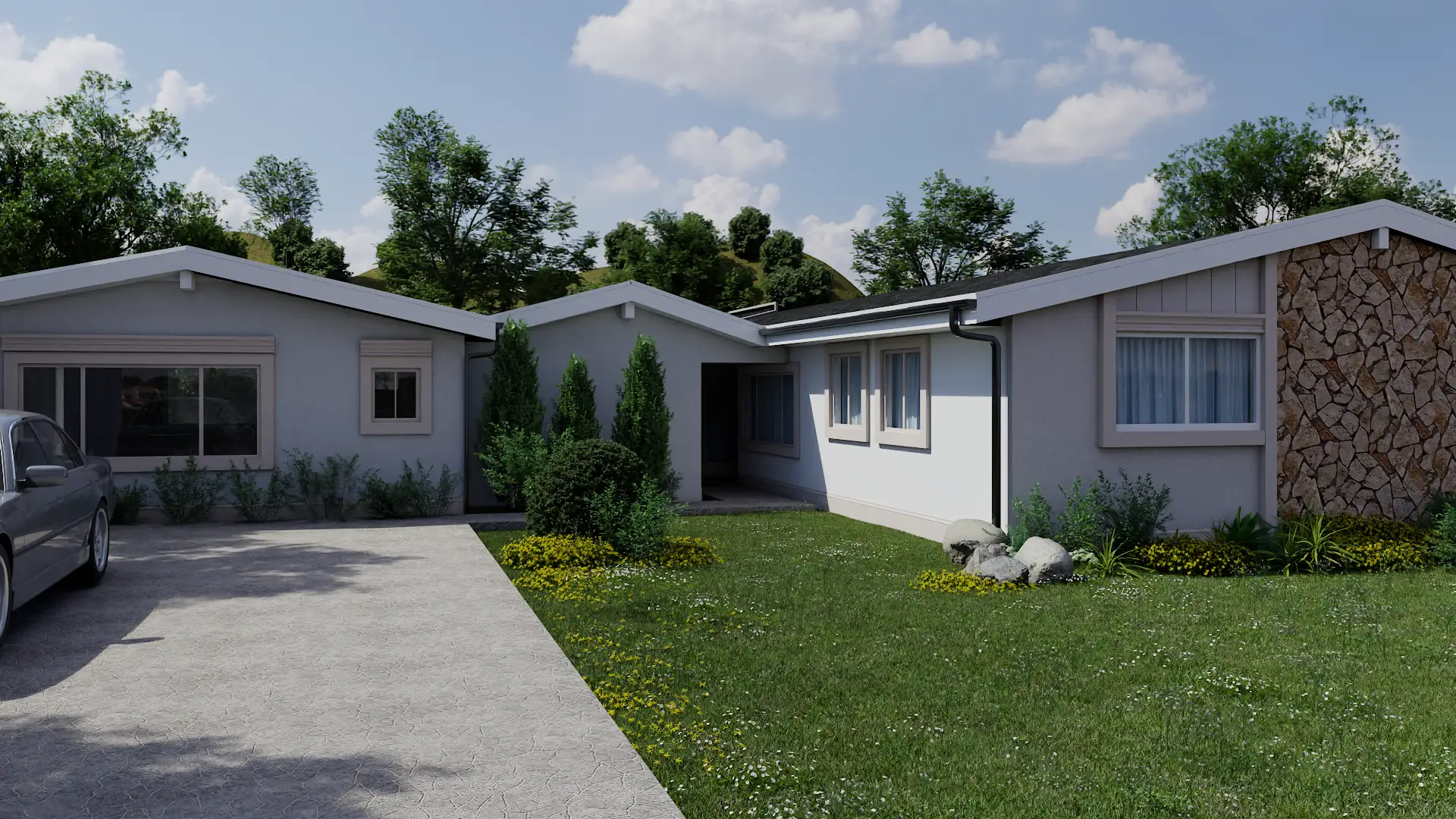An elegant home with a lush garden, providing a welcoming entrance. The design focuses on comfort and style, creating a serene living environment for the residents. Design by Debora, an online interior design service.