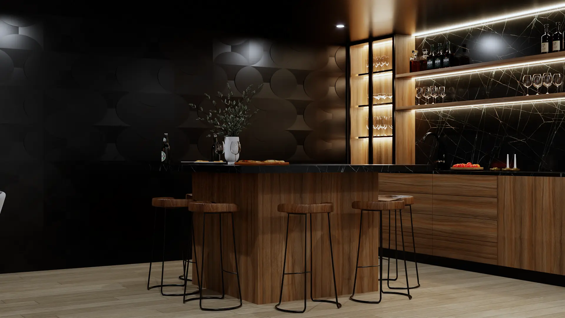A modern home bar with wooden cabinetry, a black countertop, ambient lighting, and elegant bar stools. The stylish design makes it a perfect space for social gatherings. Design by Debora, an online interior design service.