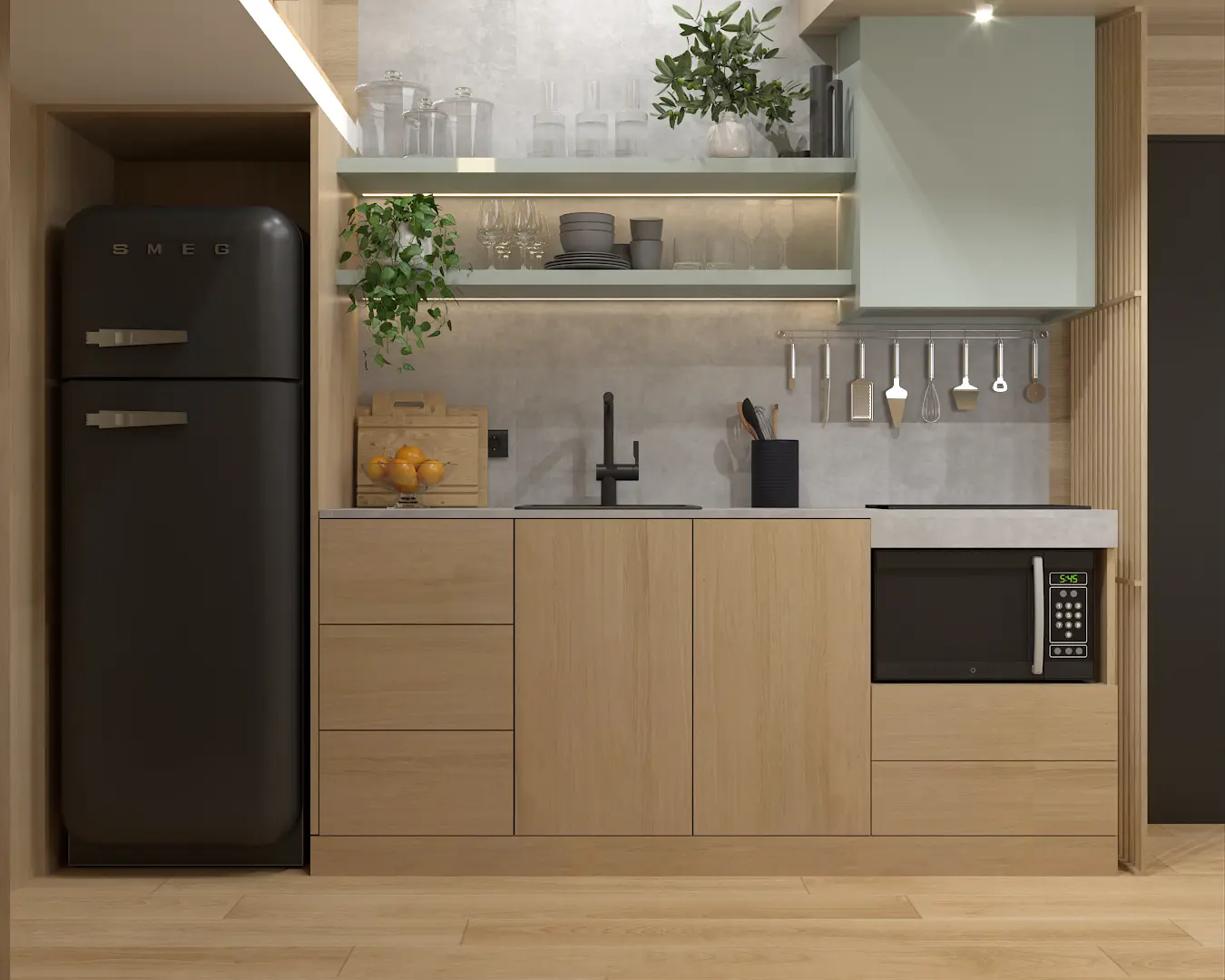 Modern kitchen with wooden cabinets and sleek appliances, combining functionality with natural aesthetic elements.