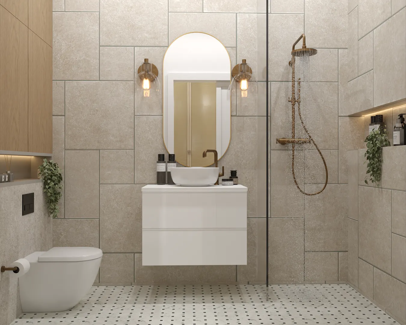 Contemporary bathroom with industrial style elements including exposed gold fixtures and textured tiles, paired with a sleek white vanity and a classic oval mirror, creating a stylish and sophisticated space. Design by Debora, an online interior design service.