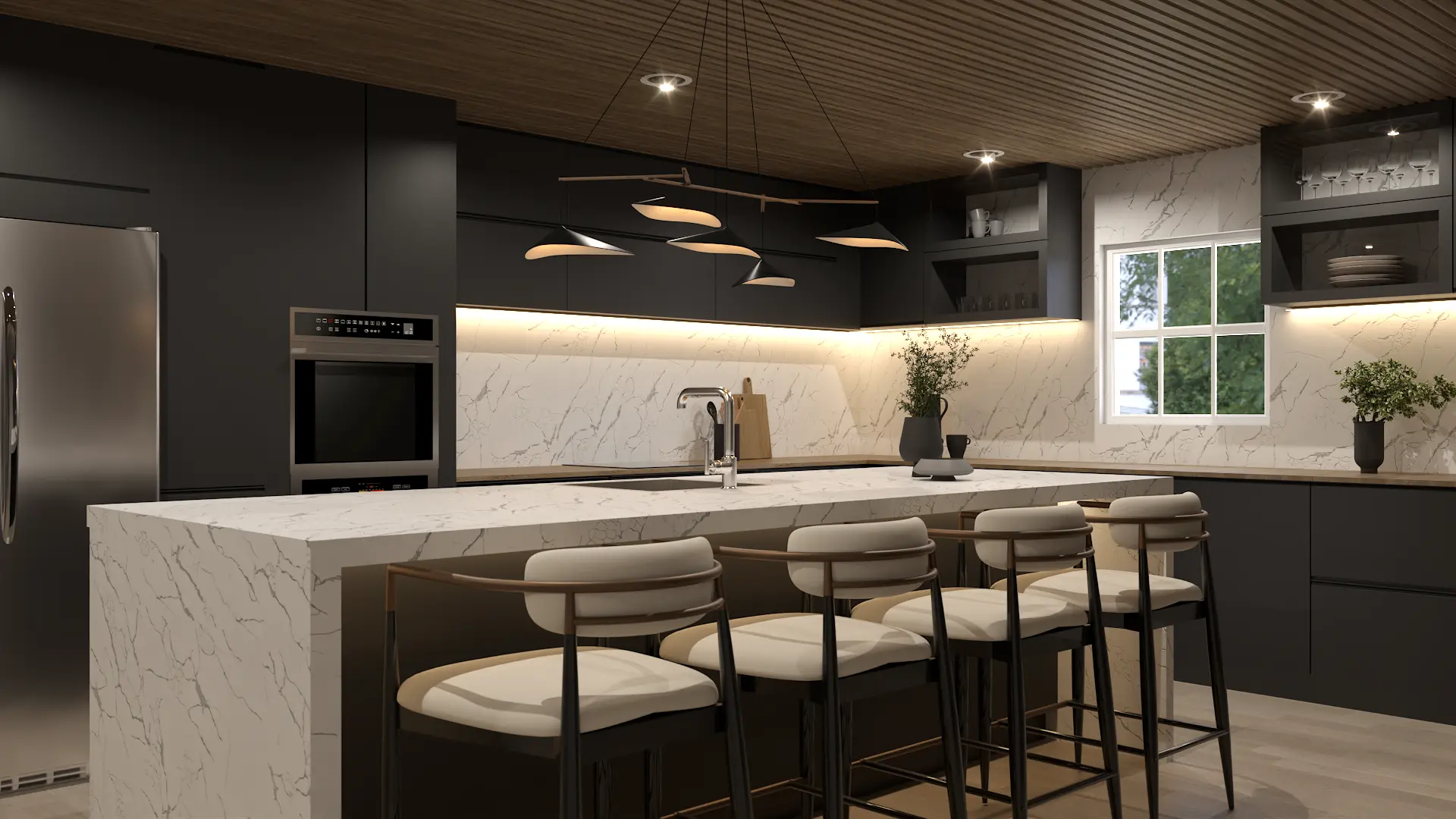 Dark modern kitchen with stylish pendant lighting and white marble bar, perfect for elegant entertaining. Design by Debora, based in New York.