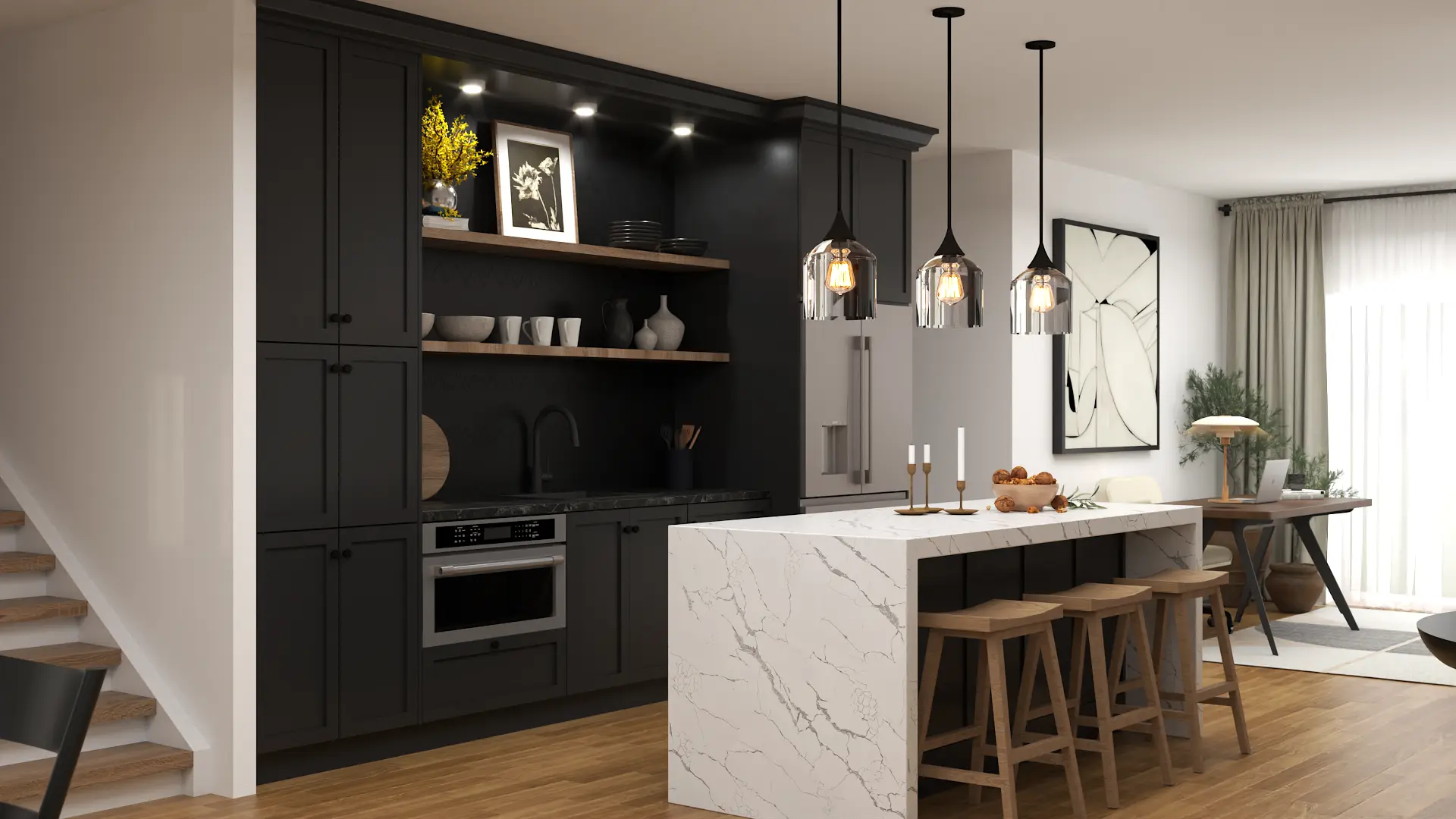 Chic kitchen with black cabinetry and a luxurious white marble island, highlighted by stylish pendant lighting. Design by Debora, based in New York.