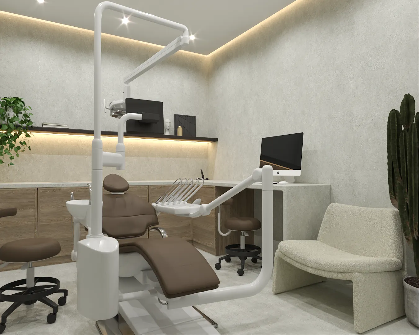 A contemporary dental clinic featuring modern equipment, comfortable seating, and elegant lighting. The design is both functional and inviting, ensuring a professional and welcoming environment for patients. Design by Debora, an online interior design service.