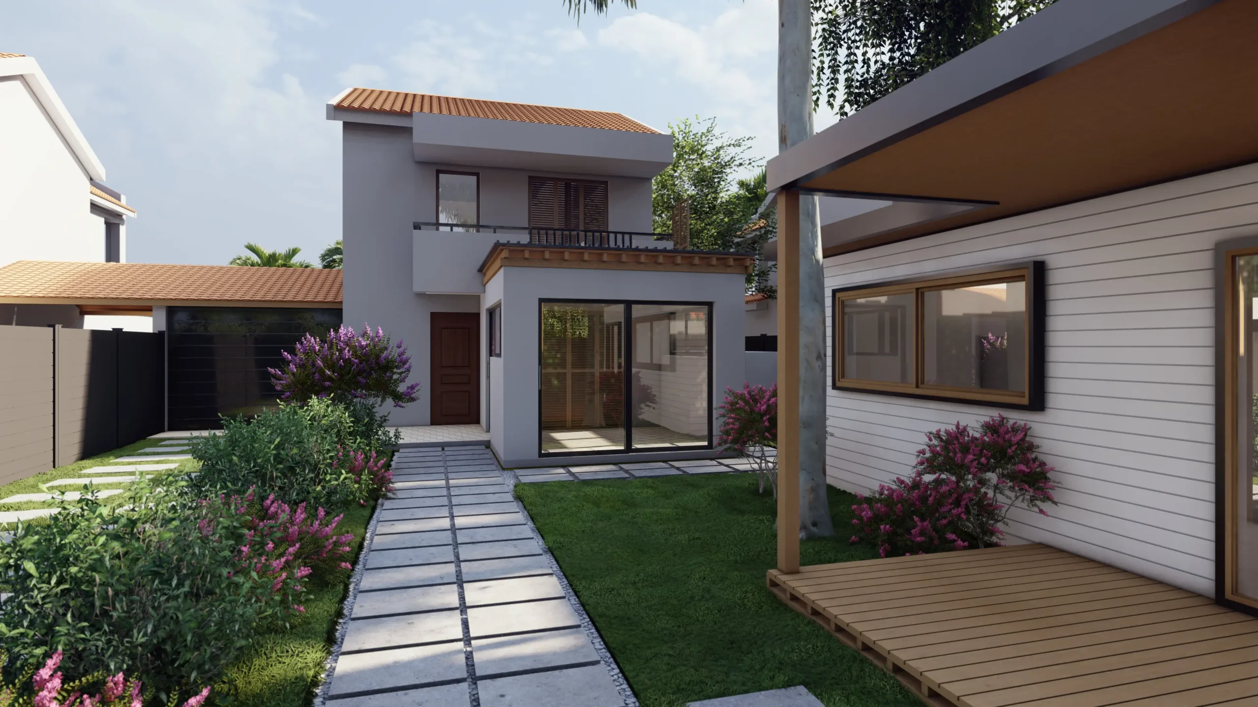 A charming house with a beautiful garden, featuring vibrant flowers and cozy outdoor spaces. This home offers a perfect blend of comfort and style for the homeowners. Design by Debora, an online interior design service.
