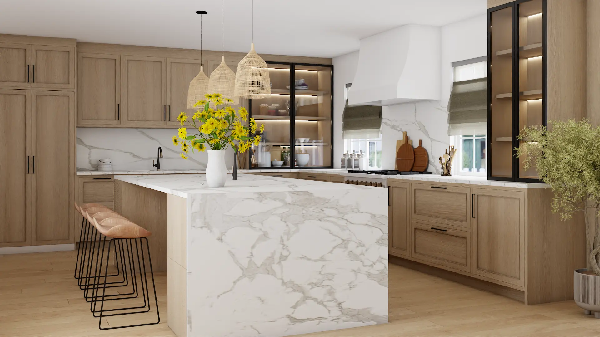 Bright and airy kitchen with marble islands and floral accents, blending classic charm with modern design. Design by Debora, an online interior design service based in New York City.