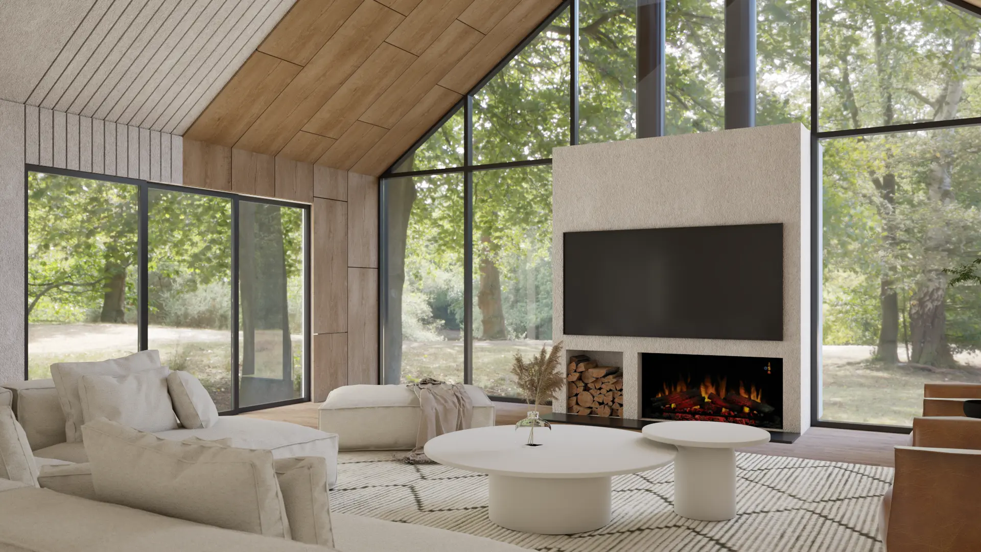 Contemporary living room with large windows and a cozy fireplace, designed by Debora