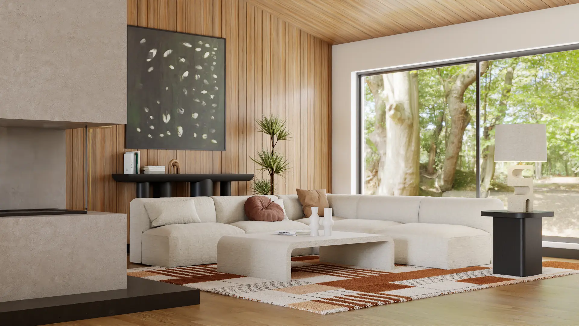 Modern living room with warm wooden panels, plush white sectional sofa, and a nature-inspired abstract painting, creating a harmonious and inviting space. Design by Debora, an online interior design service.