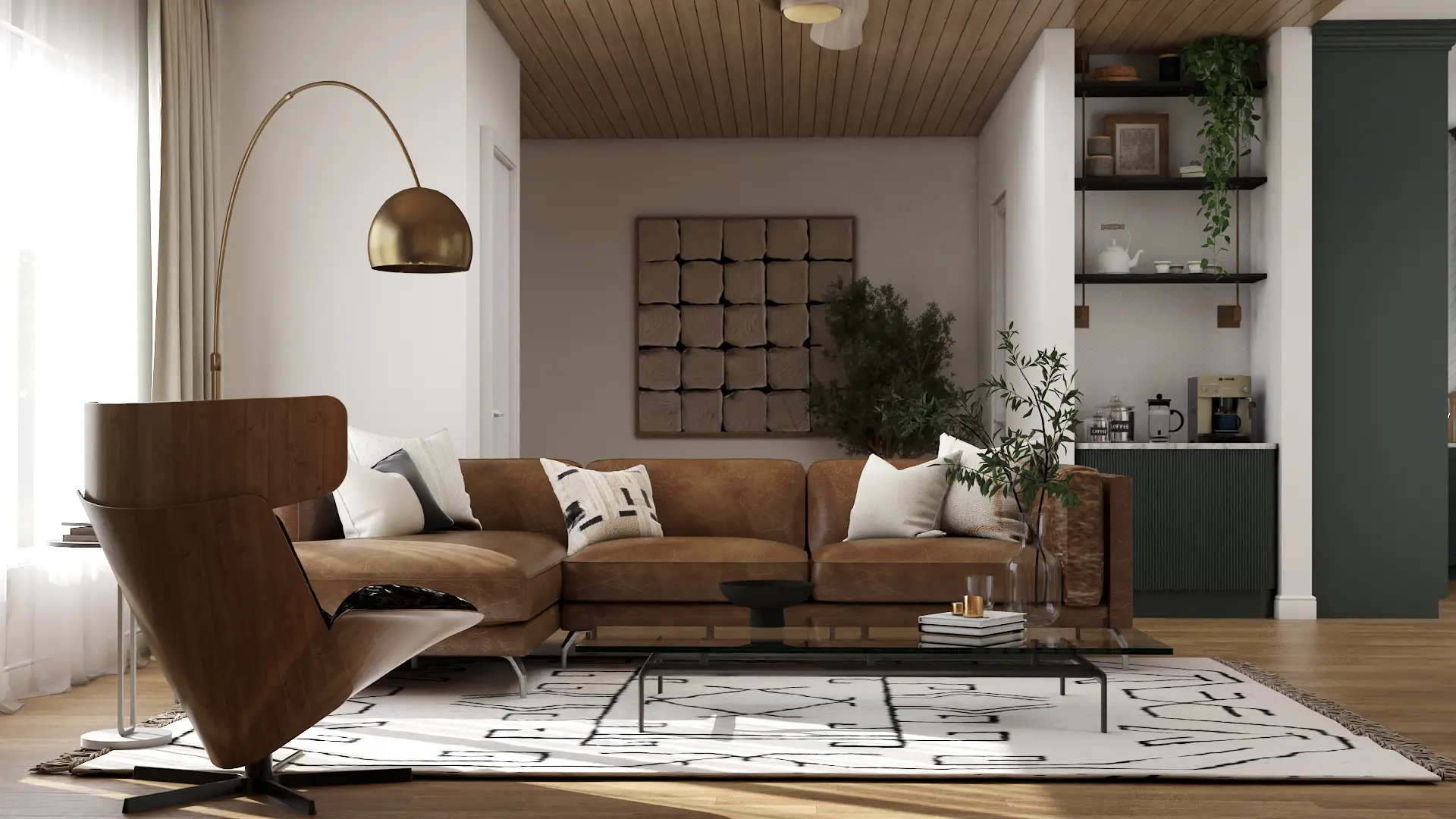 Chic living room with modern leather furniture, stylish decor, and a homely atmosphere, perfectly blending sophistication with comfort. Design by Debora, an online interior design service.