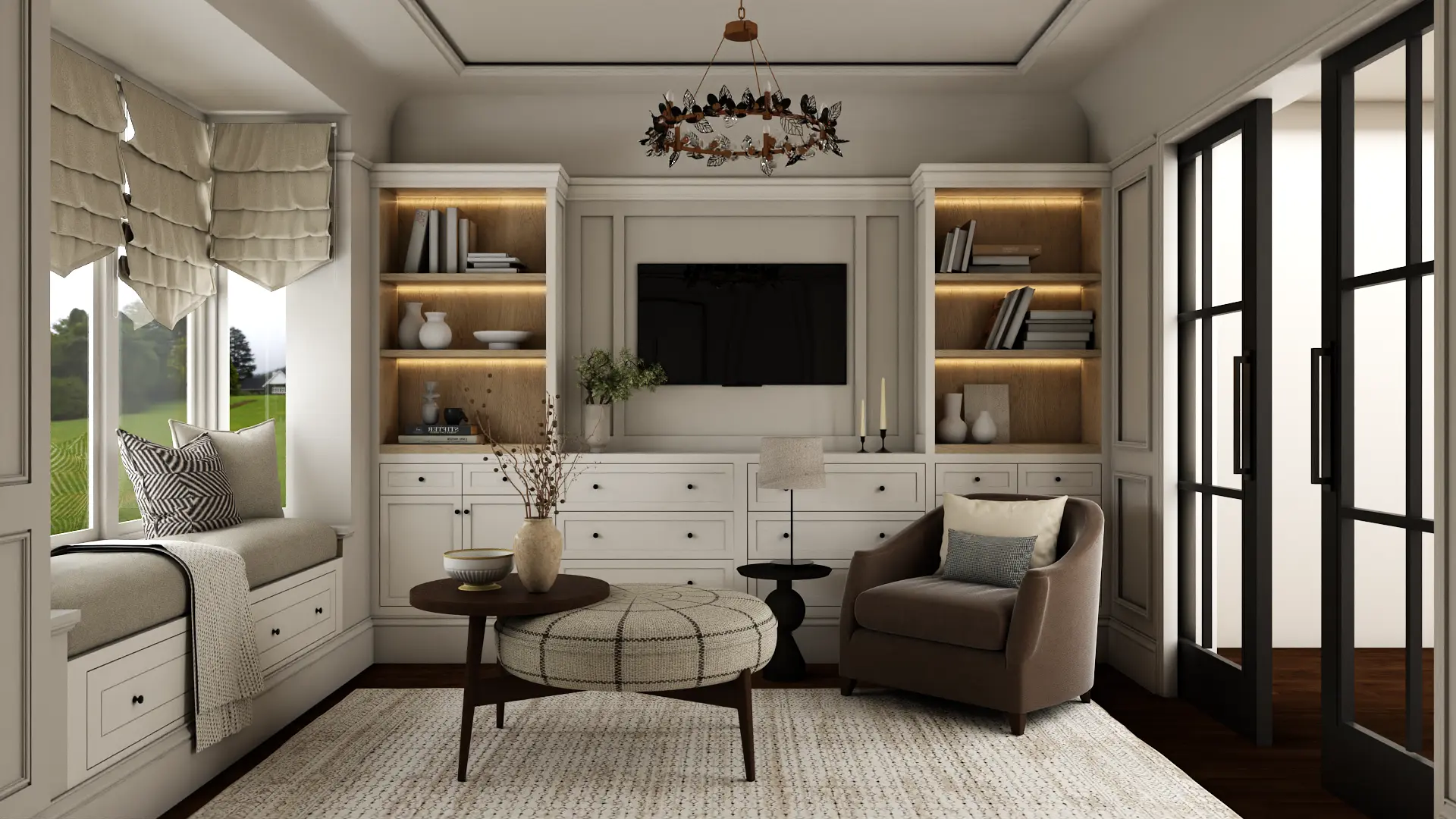 Elegant living room with built-in bookcases, comfortable seating, and cozy decor, combining traditional elegance with modern living. Design by Debora, an online interior design service.