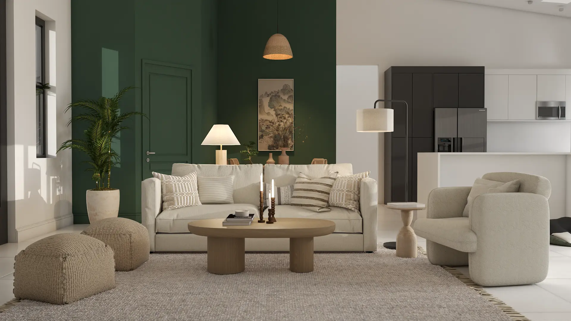 Stylish living room with bold green walls and neutral furnishings, providing a vibrant yet relaxed atmosphere. Design by Debora, an online interior design service.