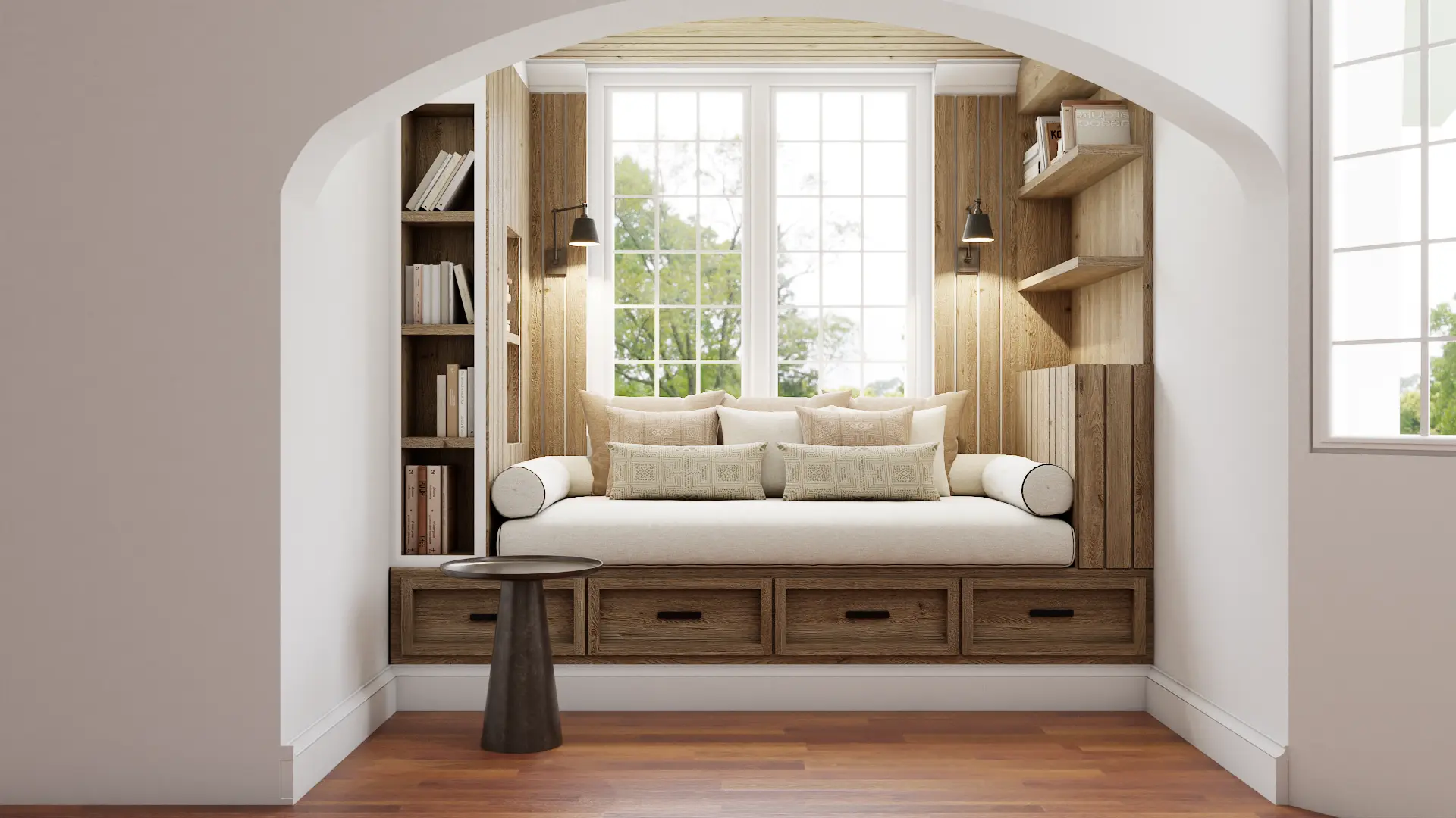 A cozy reading nook with a comfortable window seat, built-in shelves filled with books, and warm wood tones. Soft lighting and a serene view outside enhance the relaxing atmosphere. Design by Debora, an online interior design service.