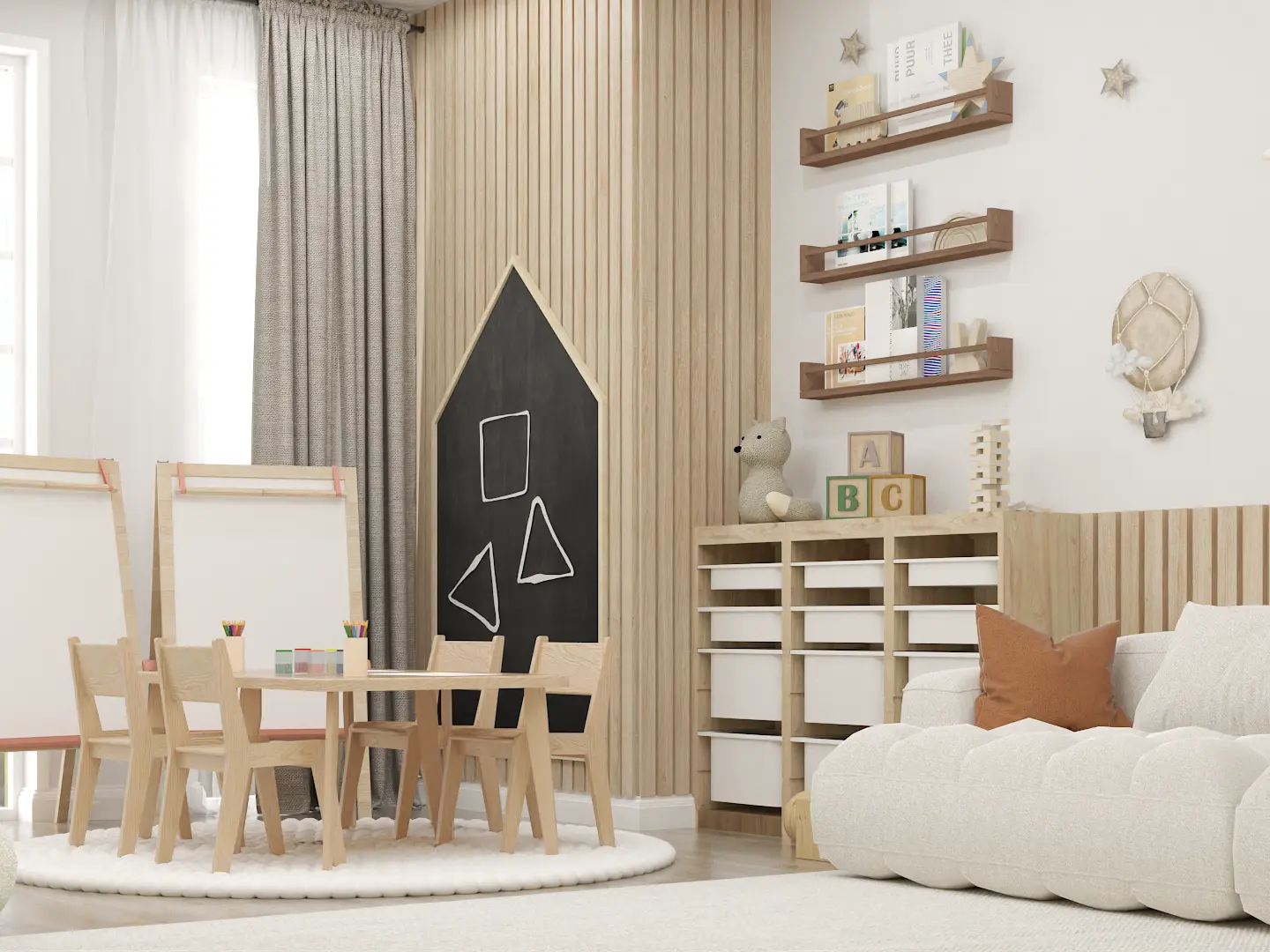 Child-friendly playroom with whimsical wall decorations and soft seating, designed by Debora, an online interior design service based in New York City.