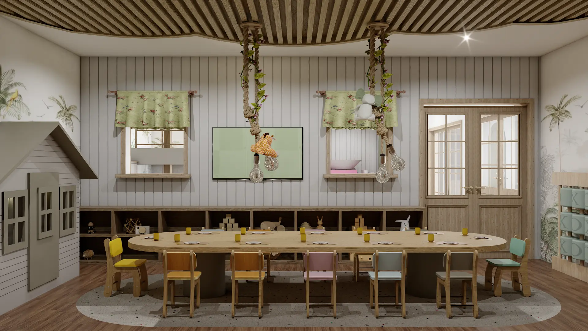 Spacious children's dining and play area with colorful chairs and whimsical decorations, perfect for stimulating young minds, designed by Debora, an online interior design service based in New York City.