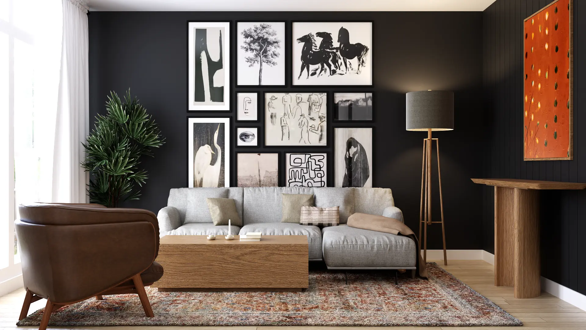 Art-filled living room with a diverse gallery wall and contemporary furnishings, designed by Debora, an online interior design service based in New York City.